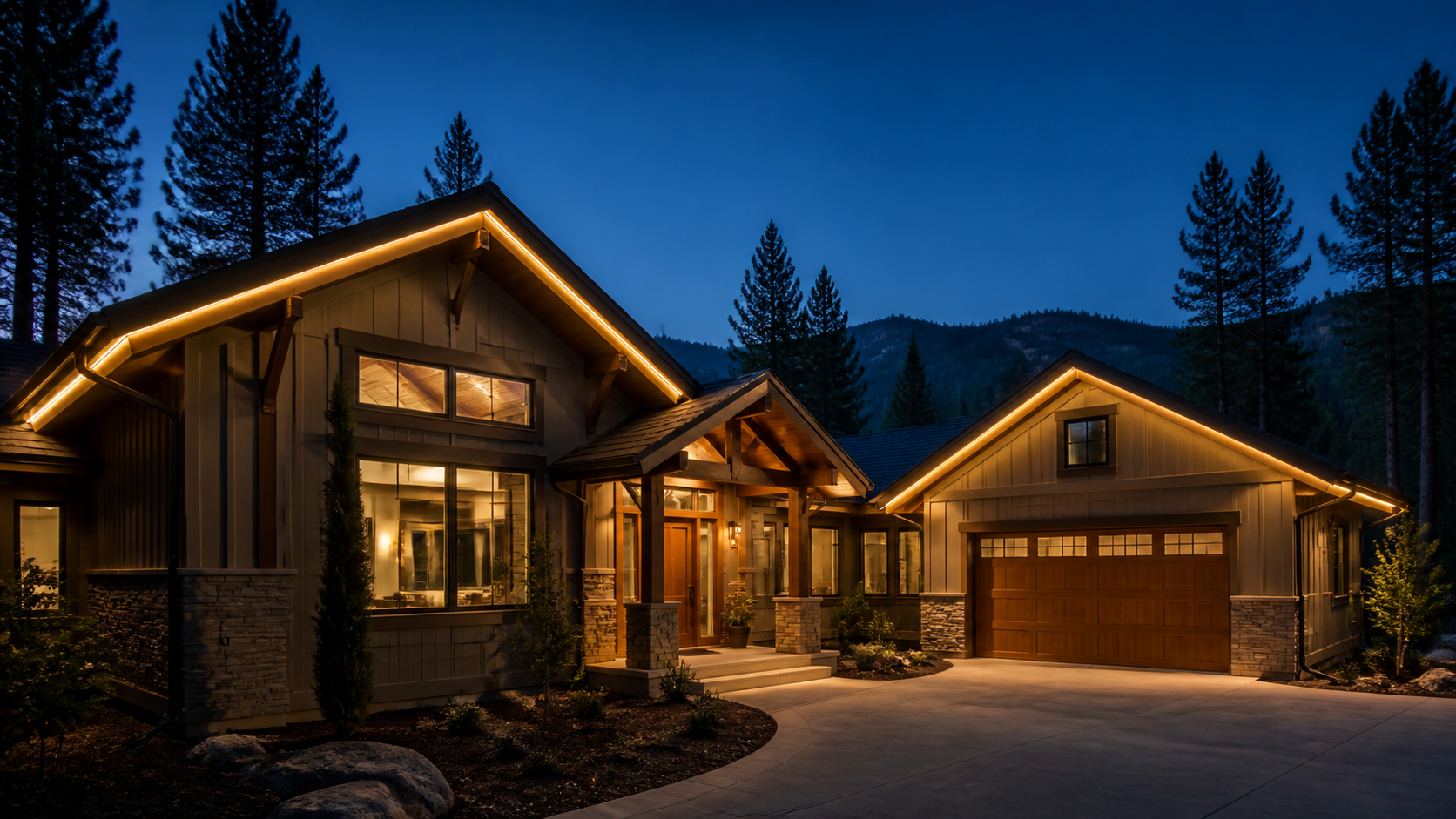 Concept image of warm white eave lighting on a wooded Coeur d'Alene-area home