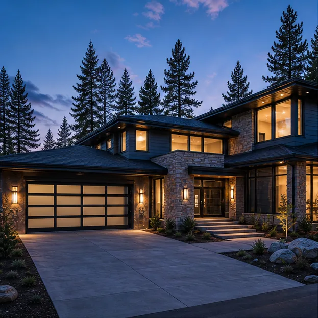 North Idaho custom home with exterior architectural lighting
