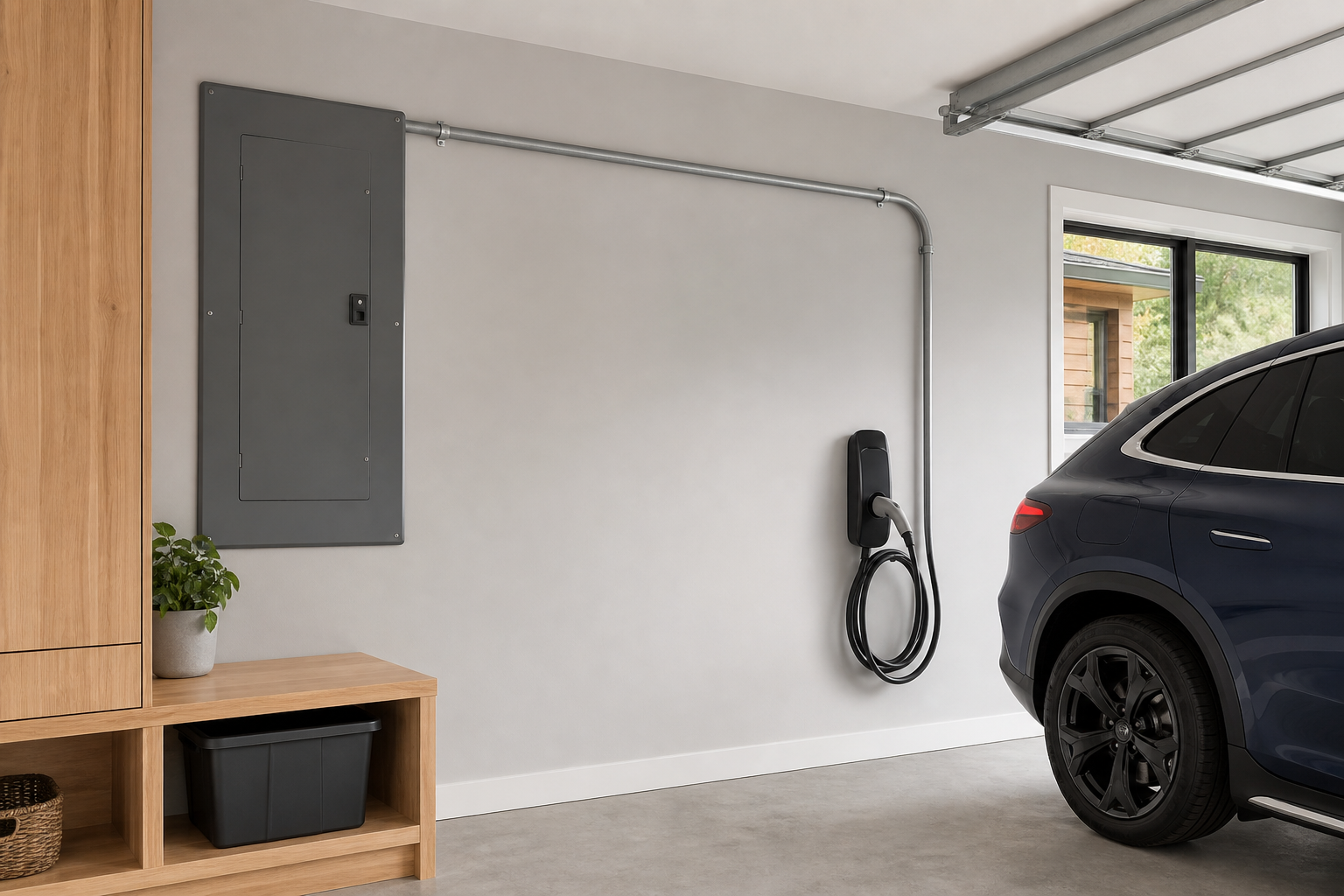 Concept image showing a closed electrical panel, finished conduit route, wall charger, and parked electric vehicle
