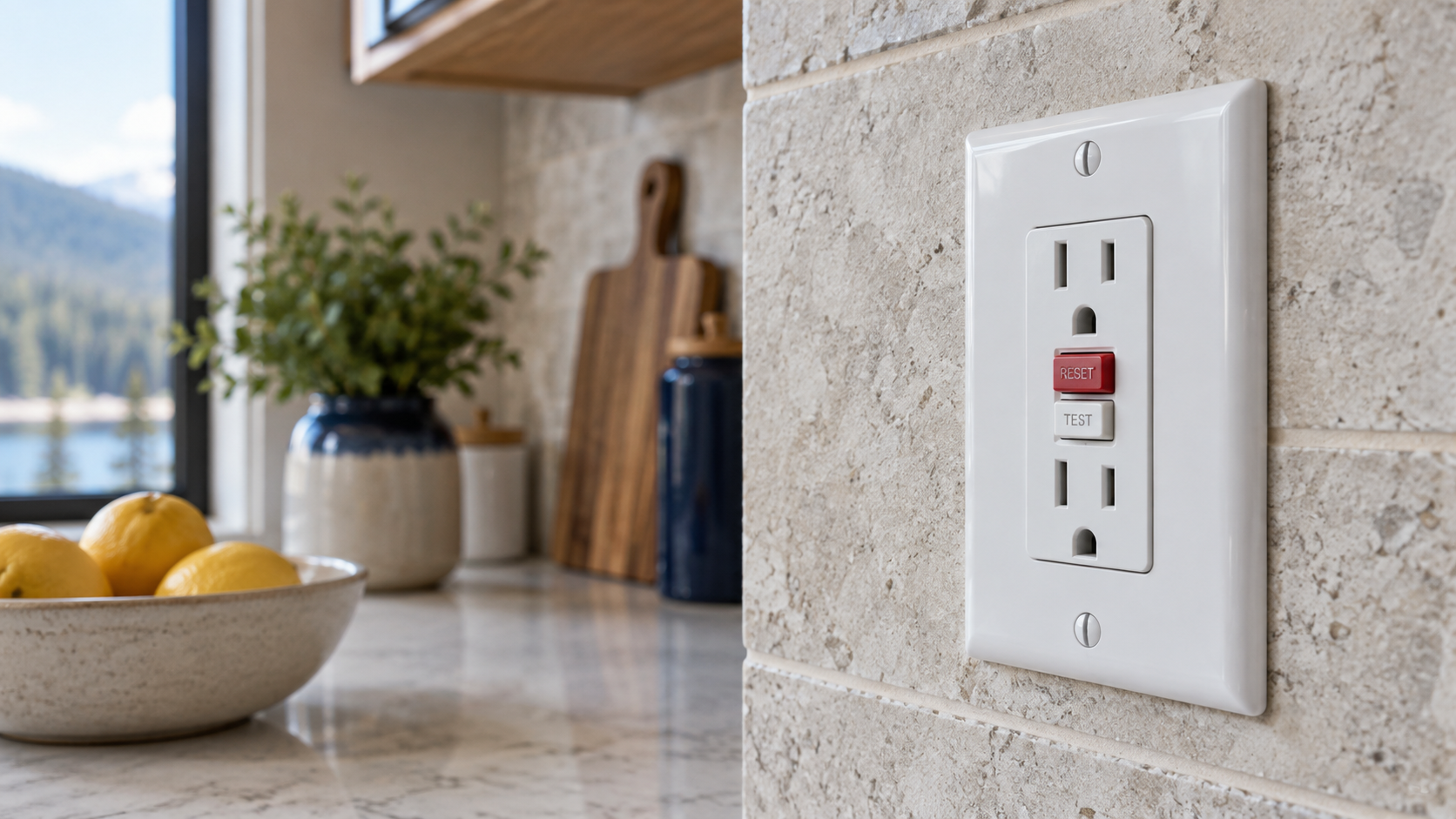 Educational concept image of a GFCI receptacle with its reset control popped out in a North Idaho kitchen