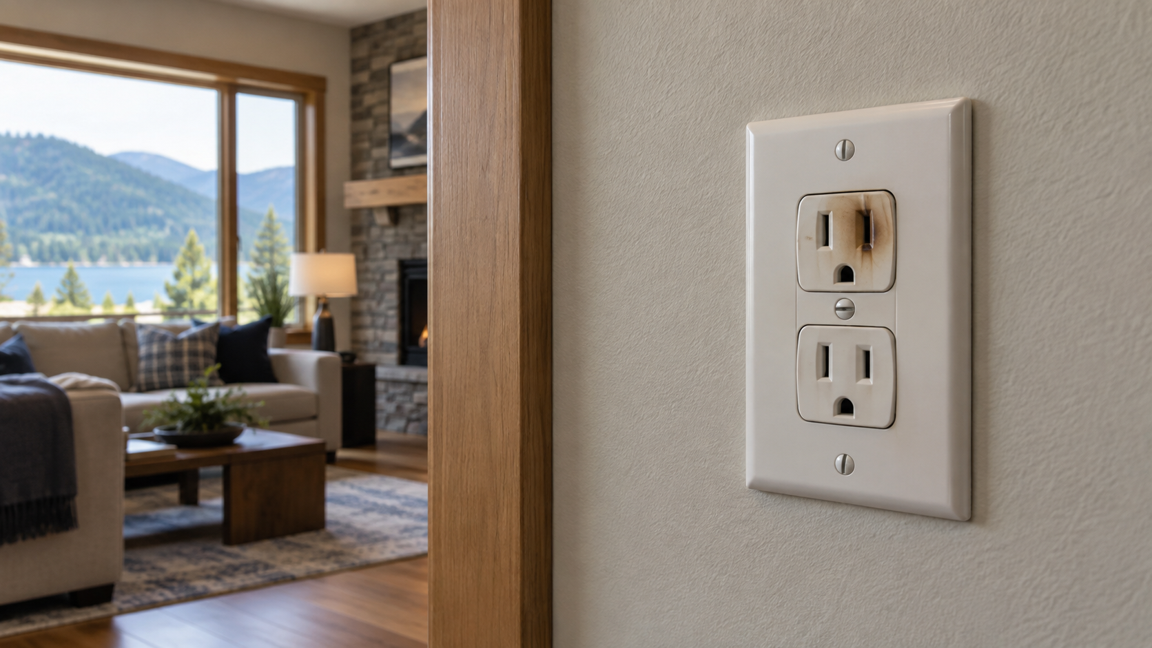 Educational concept image of subtle heat discoloration around a wall receptacle in a North Idaho home