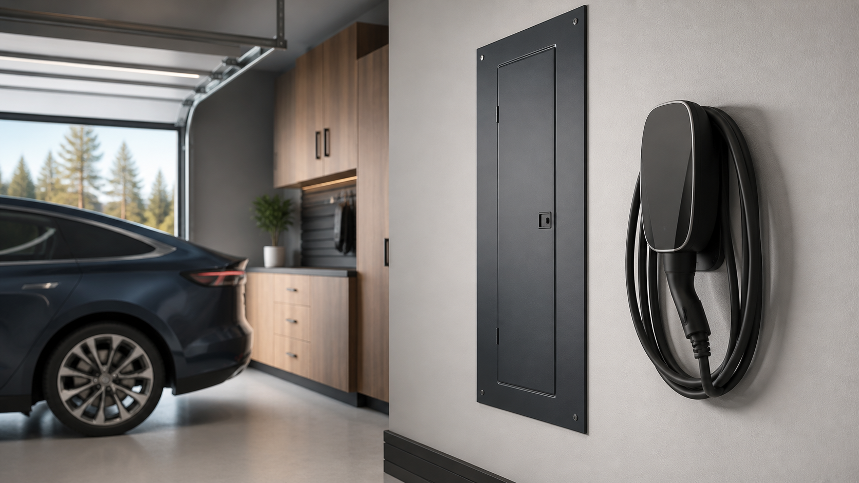 Concept image of a residential panel and home EV charger