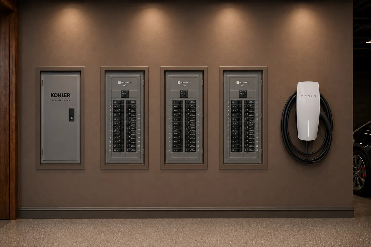 Electrical panels, transfer equipment, and wall-mounted EV charger for a North Idaho property
