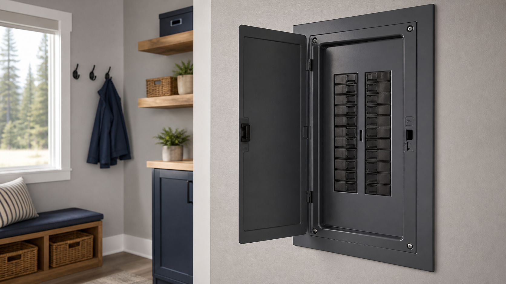 Concept image of a residential breaker panel during troubleshooting