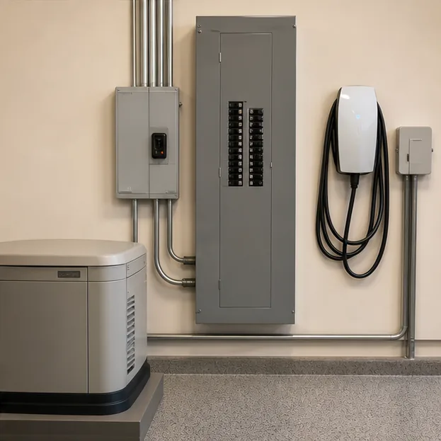 Clean electrical panel, EV charger, and backup power equipment